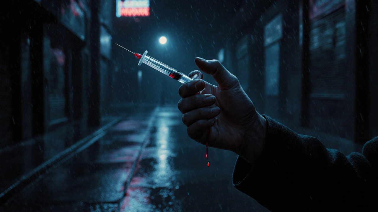 Ruka s injekční stříkačkou v temné ulici s deštěm a krví na zemi.