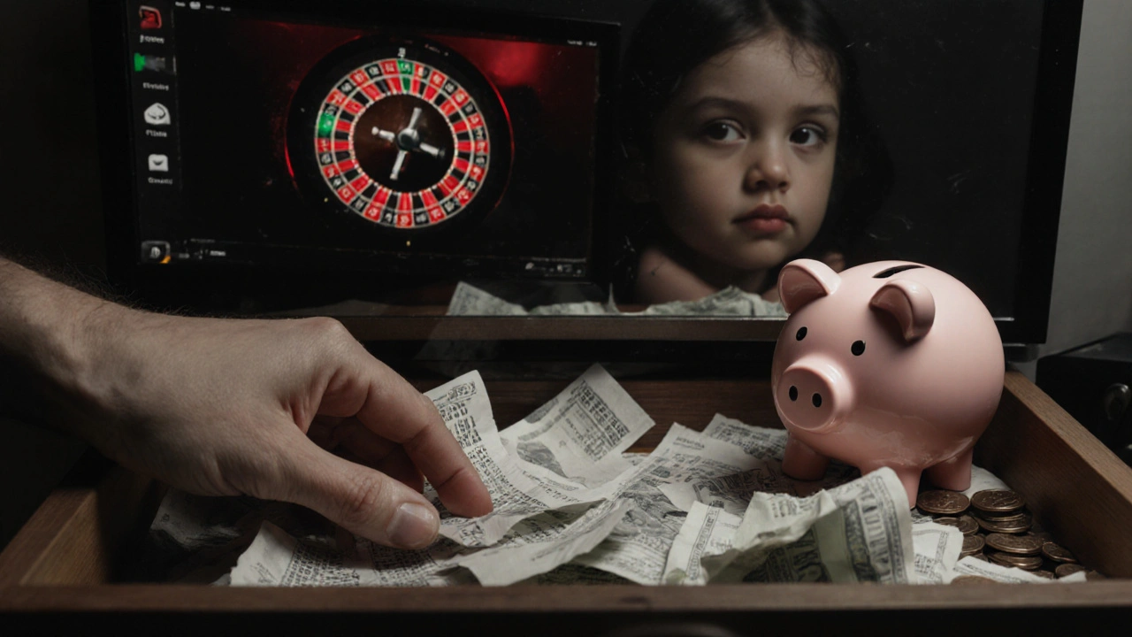 Ruka táhne po dětském pokladu s vyprázdněnými mincemi, za ní zrcadlo odráží vyčerpanou tvář a točící se ruletu.