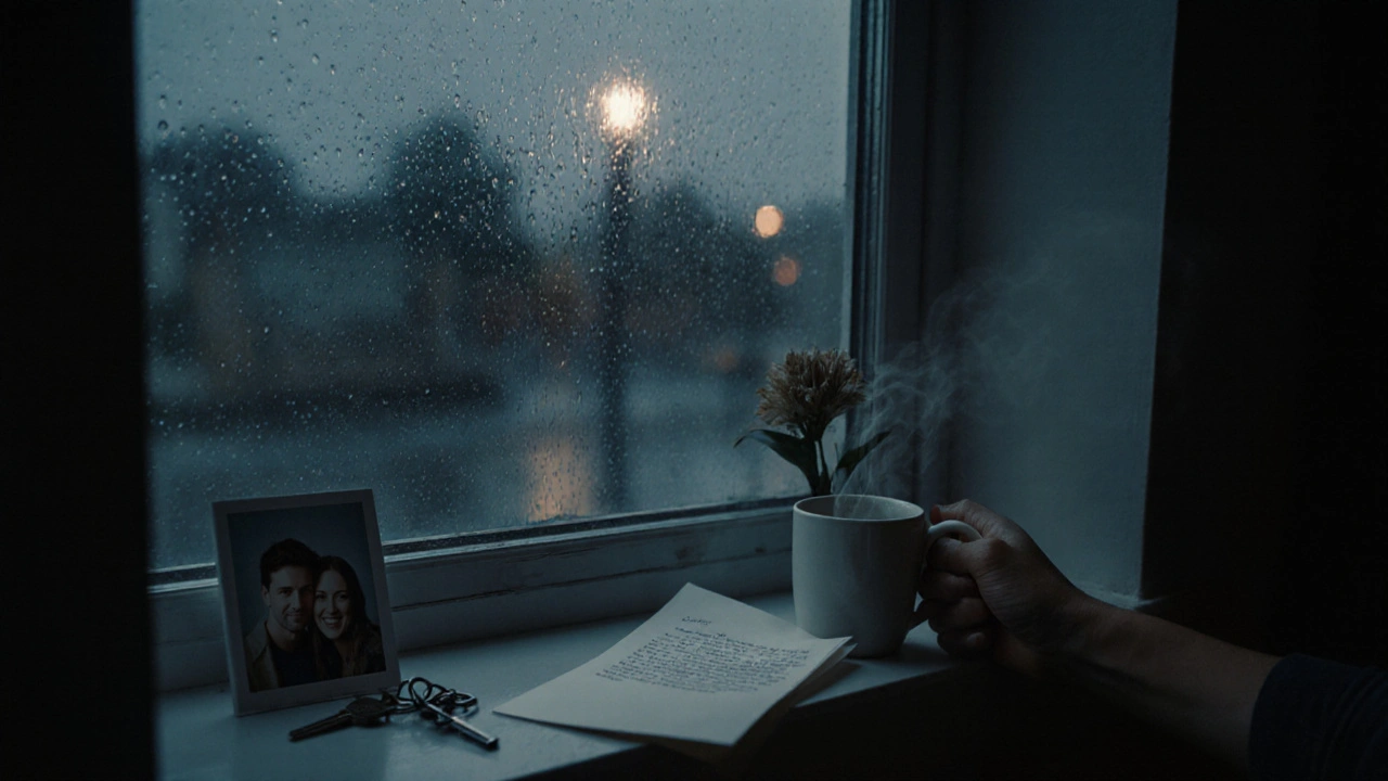 Šálek čaje a dopis na okně s deštěm a fotografií dvou lidí.