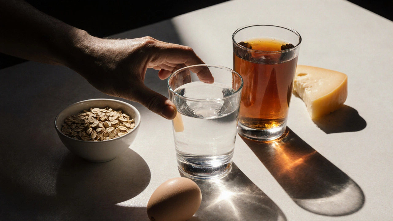 Sklenice vody mezi alkoholickými nápoji s lehkými potravinami – symbol pomalého a vědomého pítí.