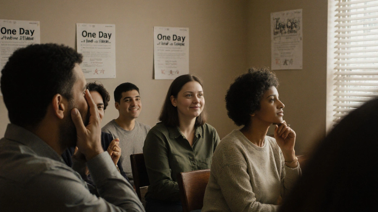Skupina lidí na schůzi Alkoholiků anonymních, teplé osvětlení, autentické emoce.