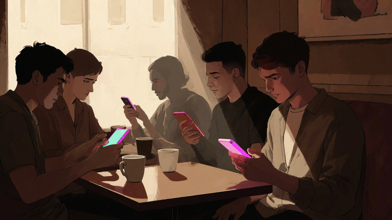 Skupina lidí v kavárně sedí spolu, ale všichni koukají na své telefony.