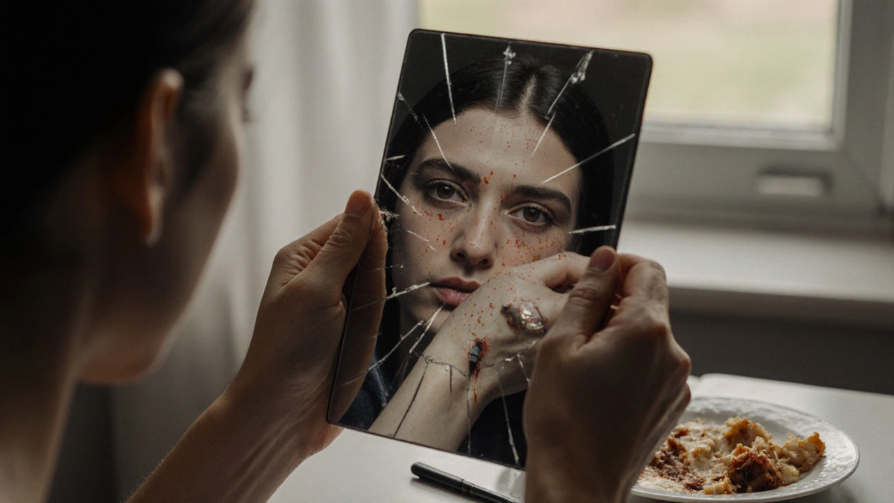 Třesoucí se ruce odrážející zčervenalé oči a bledou pokožku v zrcadle.