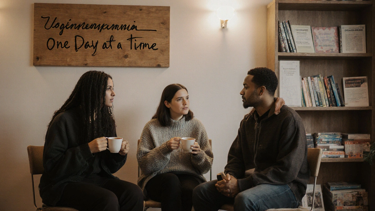 Tři lidé v kruhu v komunitním centru sdílejí klidný okamžik podpory bez alkoholu.