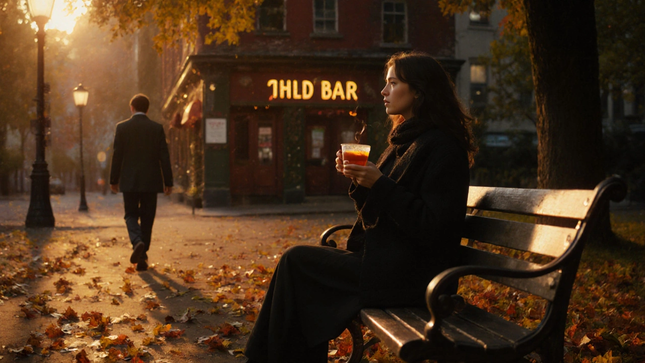 Žena na lavičce v západu slunce, muž vzdalující se od baru.