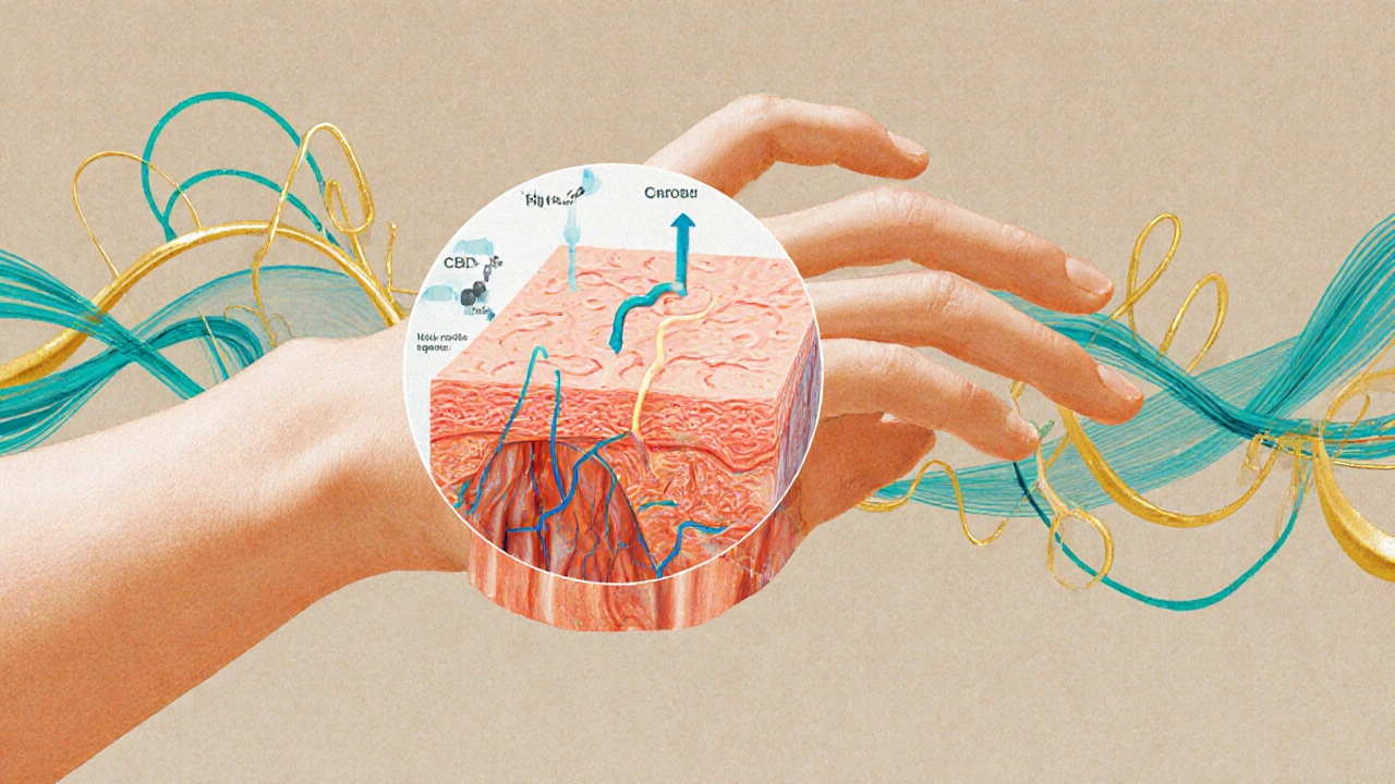 Zvětšený řez kůží s kanabinoidy působícími na zánětlivé tkáně.