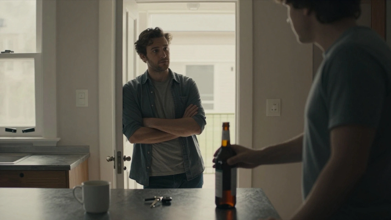 Člen rodiny pozoruje, jak osoba s závislostí táhne po láhvi, kuchyně s nevyužitými klíči a kávou.