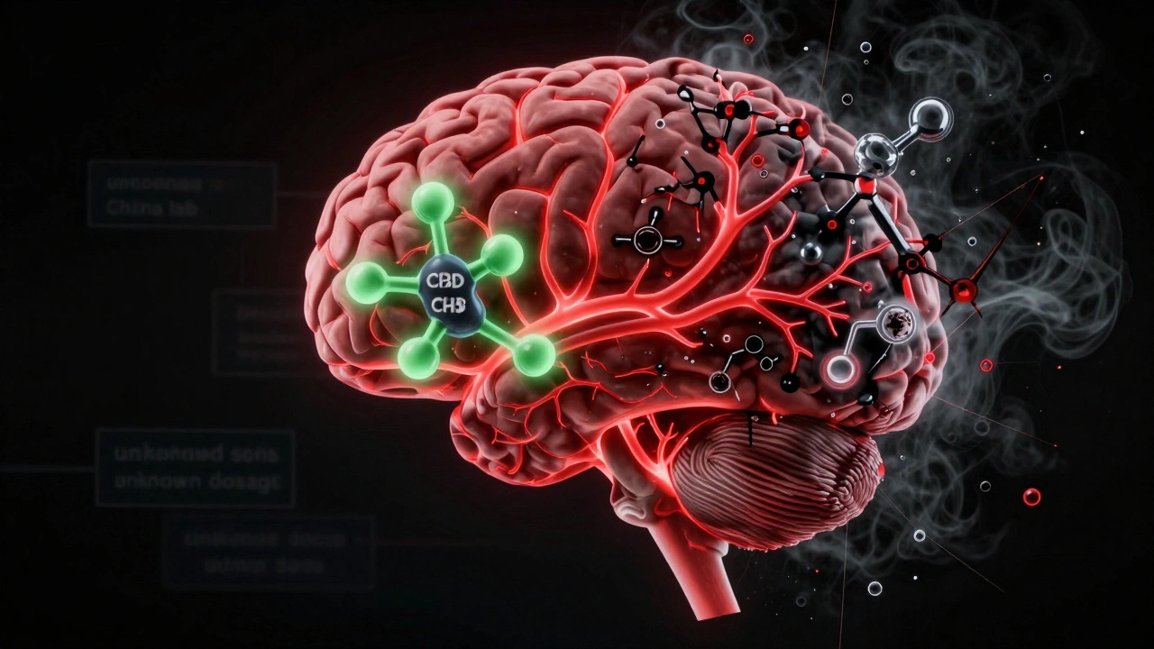 Člověčí mozek s chaotickými neuronovými cestami spojenými s nečistotami HHC.