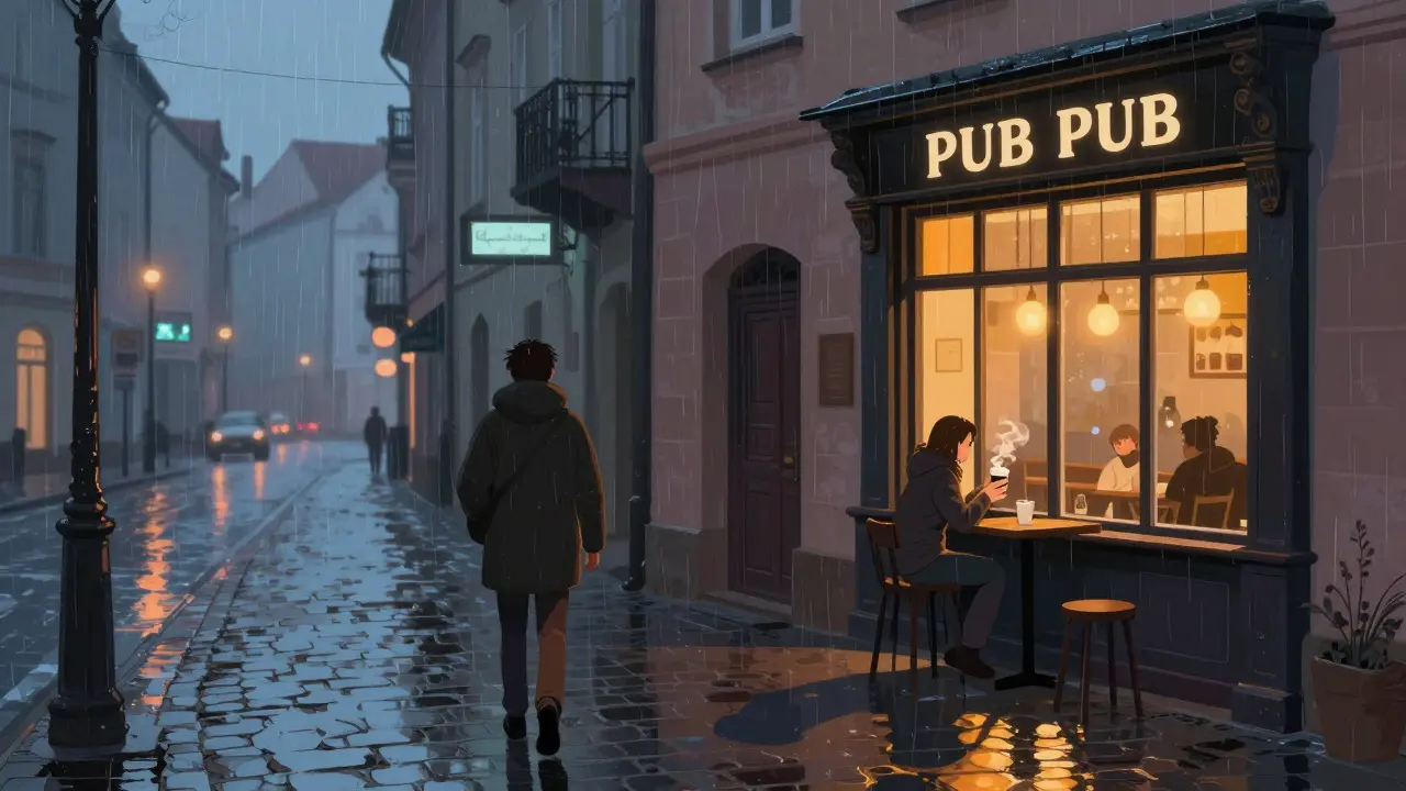 Člověk jde domů deštivou ulicí, vyhýbá se hospodě a zastaví se u kavárny.