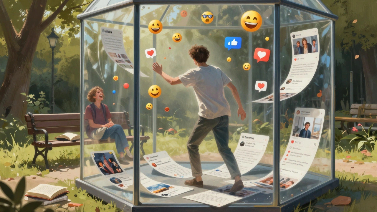 Člověk je uvězněn v kleci z sociálních sítí, zatímco venku je skutečný život ve slunečním světle.