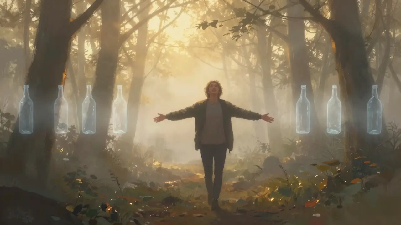 Člověk kráčí lesem v ranní mlze, za ním mizí prázdné láhve, světlo proniká stromy.