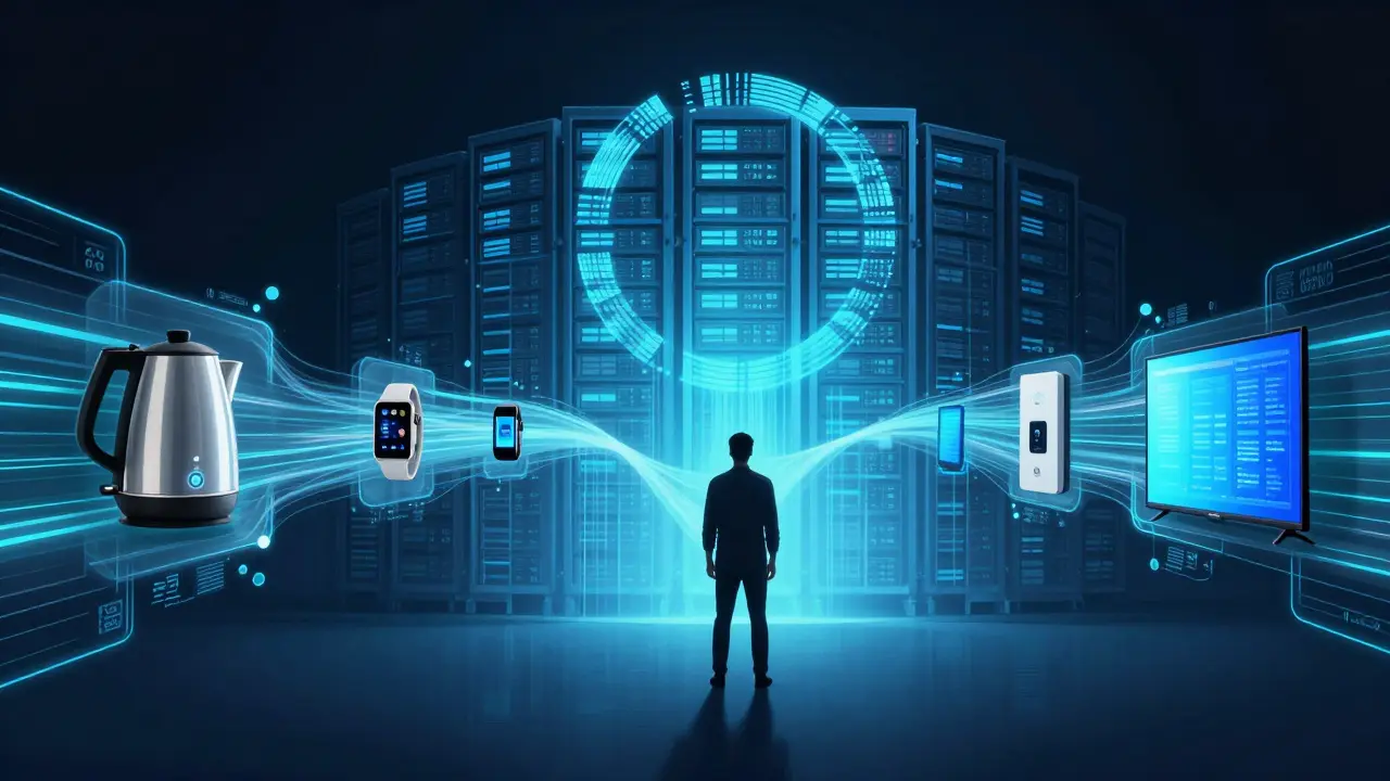 Člověk obklopen datovými proudy z chytrých zařízení, které vede k obřímu serverovému centru.