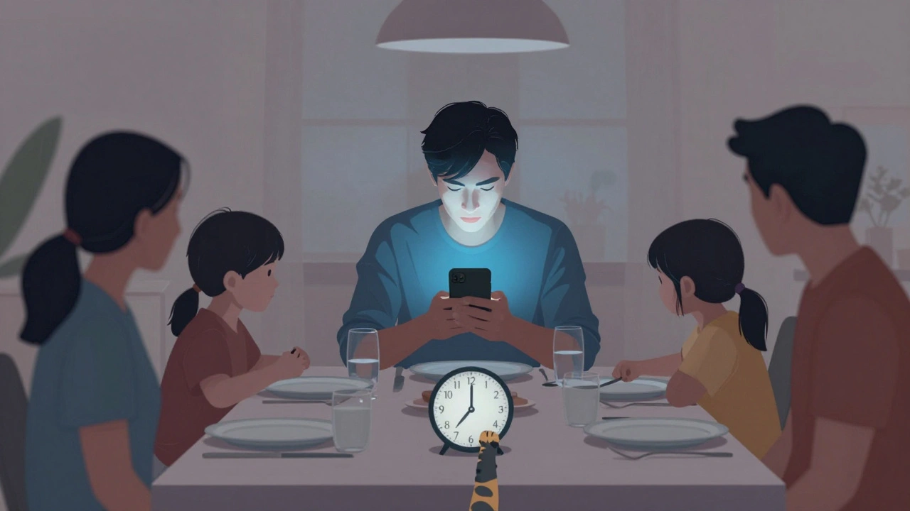 Člověk sedí u večeře s rodinou, ale dívá se na telefon, zatímco ostatní jsou neviditelně rozptýleni.