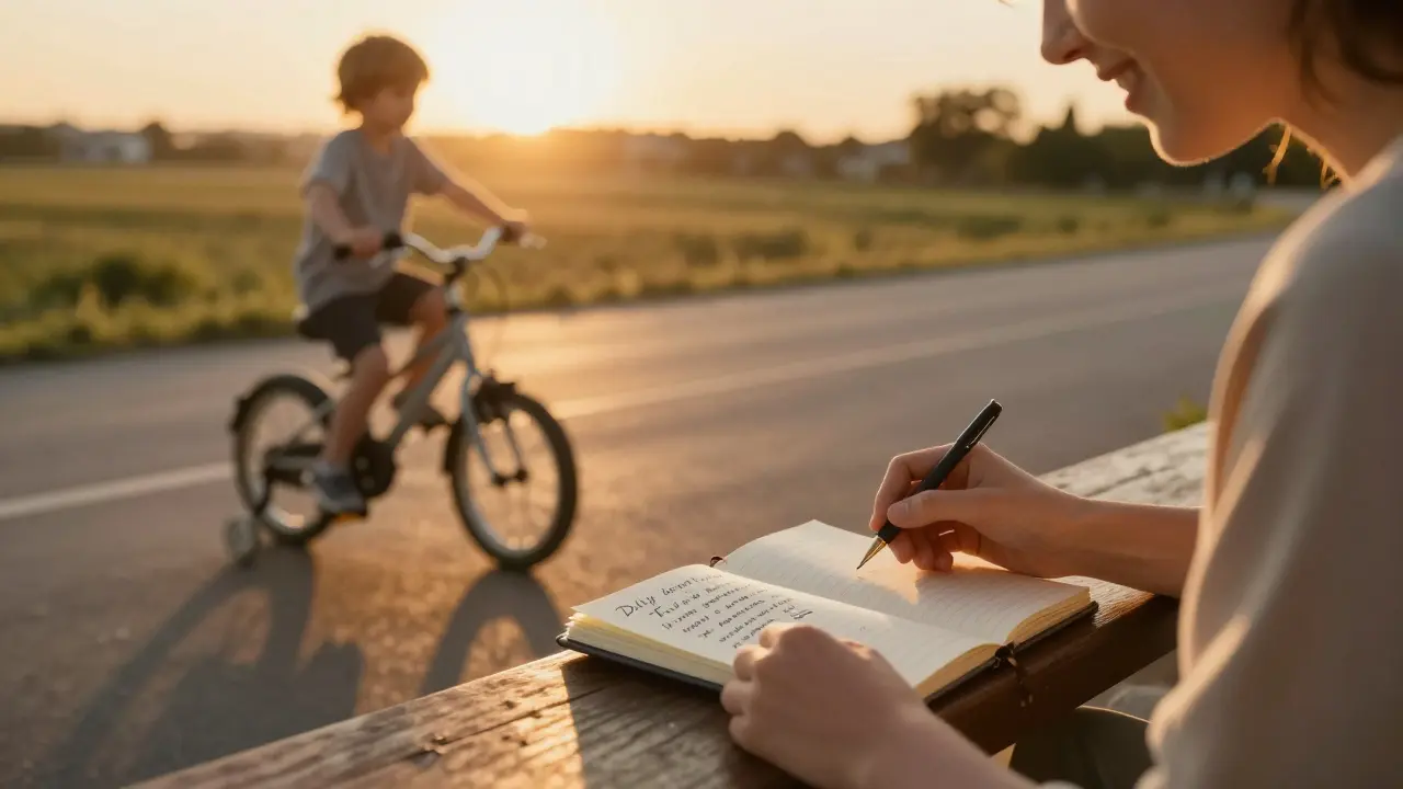 Člověk sleduje dítě na kolečkách při západu slunce, v ruce nejsou alkoholické nápoje, otevřený deník s poznámkami o malých vítězstvích.