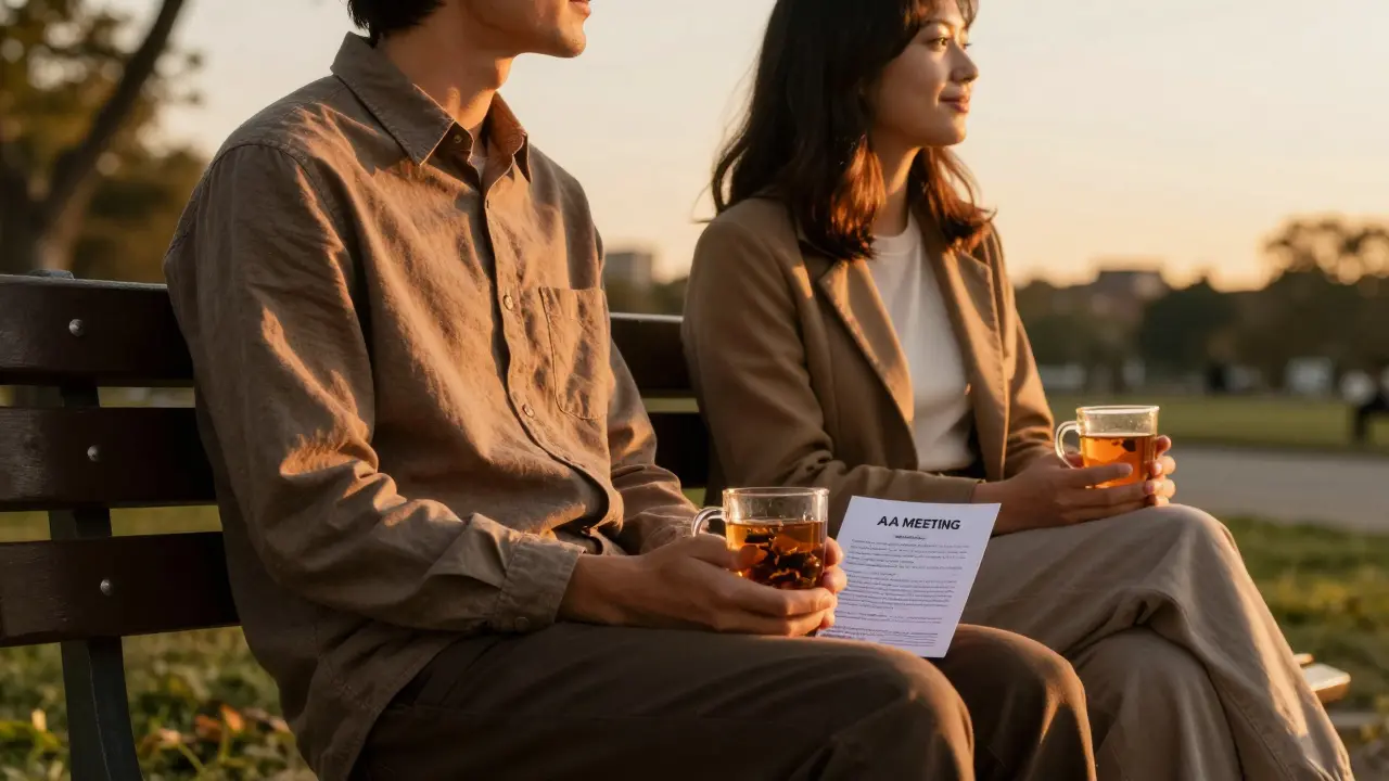 Dvě osoby na lavičce v parku večer, jedna pije bylinný čaj, obě se dívají do vzdálenosti, žádný alkohol.