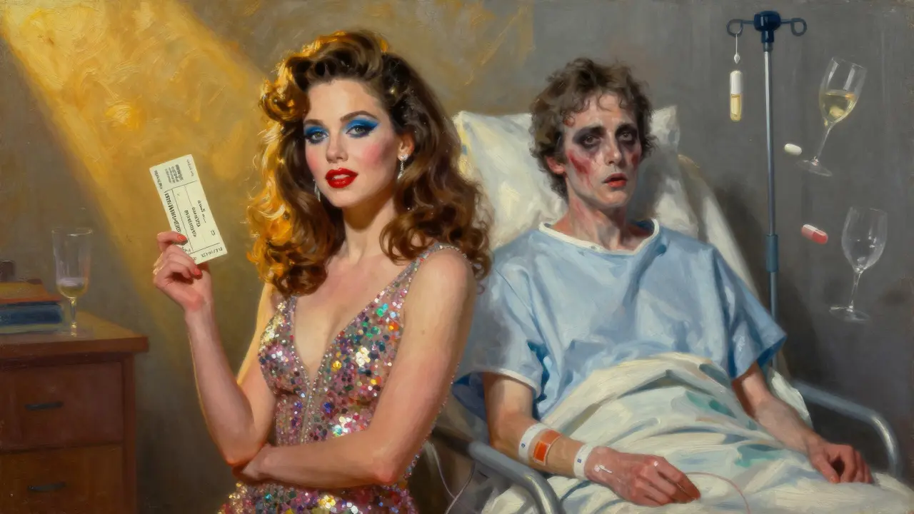 Dvojí portrét herečky: jedna strana jako hvězda na jevišti, druhá jako nemocná v nemocnici.