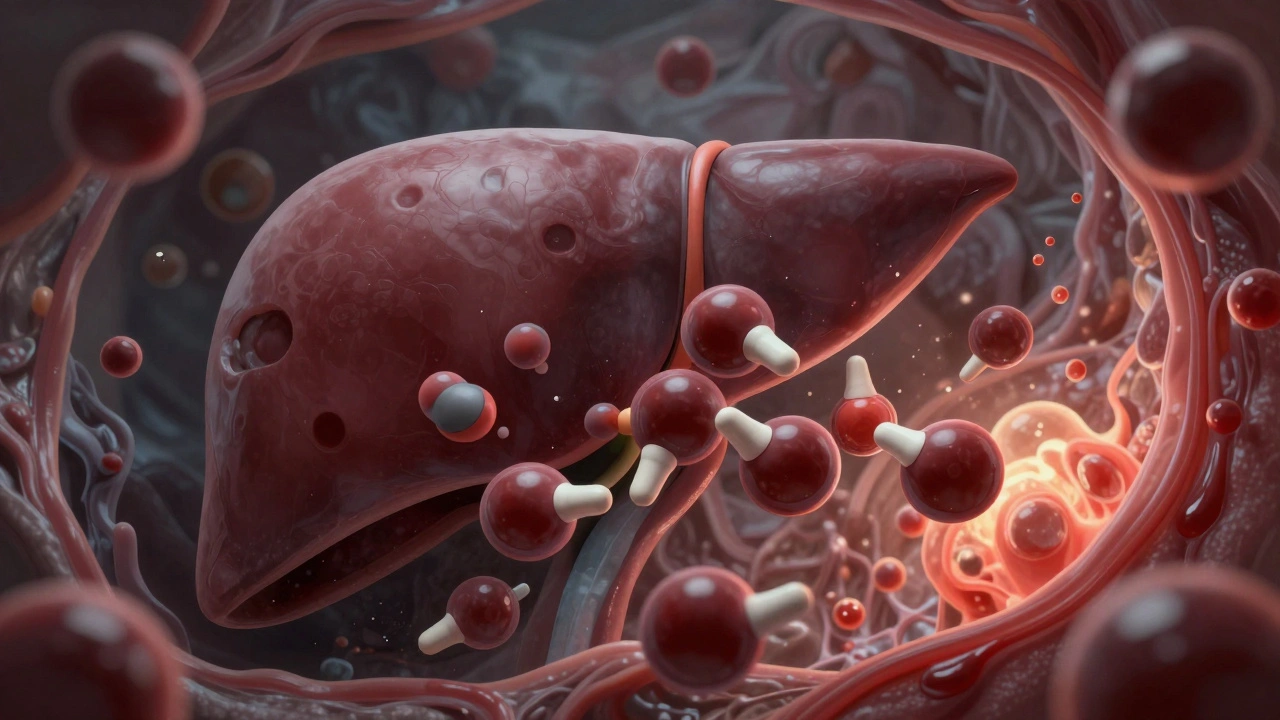 Játra s toxinem alkoholu a hromadícím se tukem, symbolizující postupné poškozování.