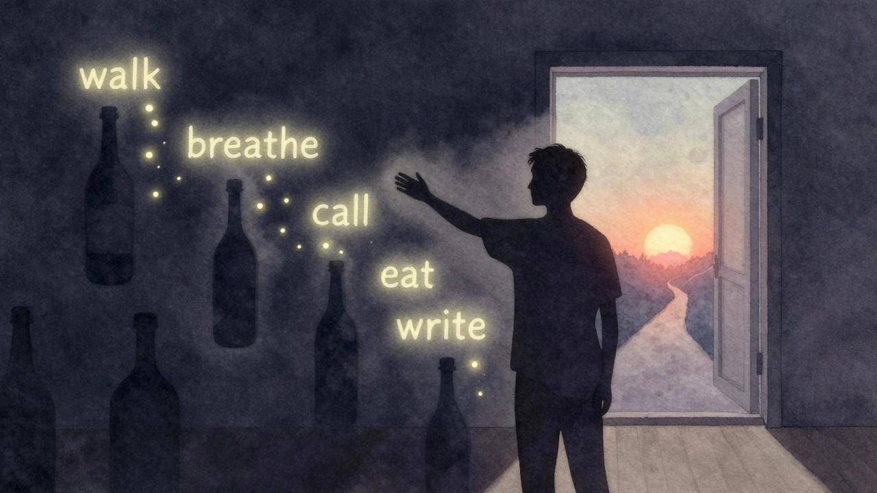 Koncepční scéna člověka jdoucího od tmavého prostoru k osvětlené cestě s kroky jako &#039;chodba&#039;, &#039;dýchání&#039;, &#039;volání&#039;.