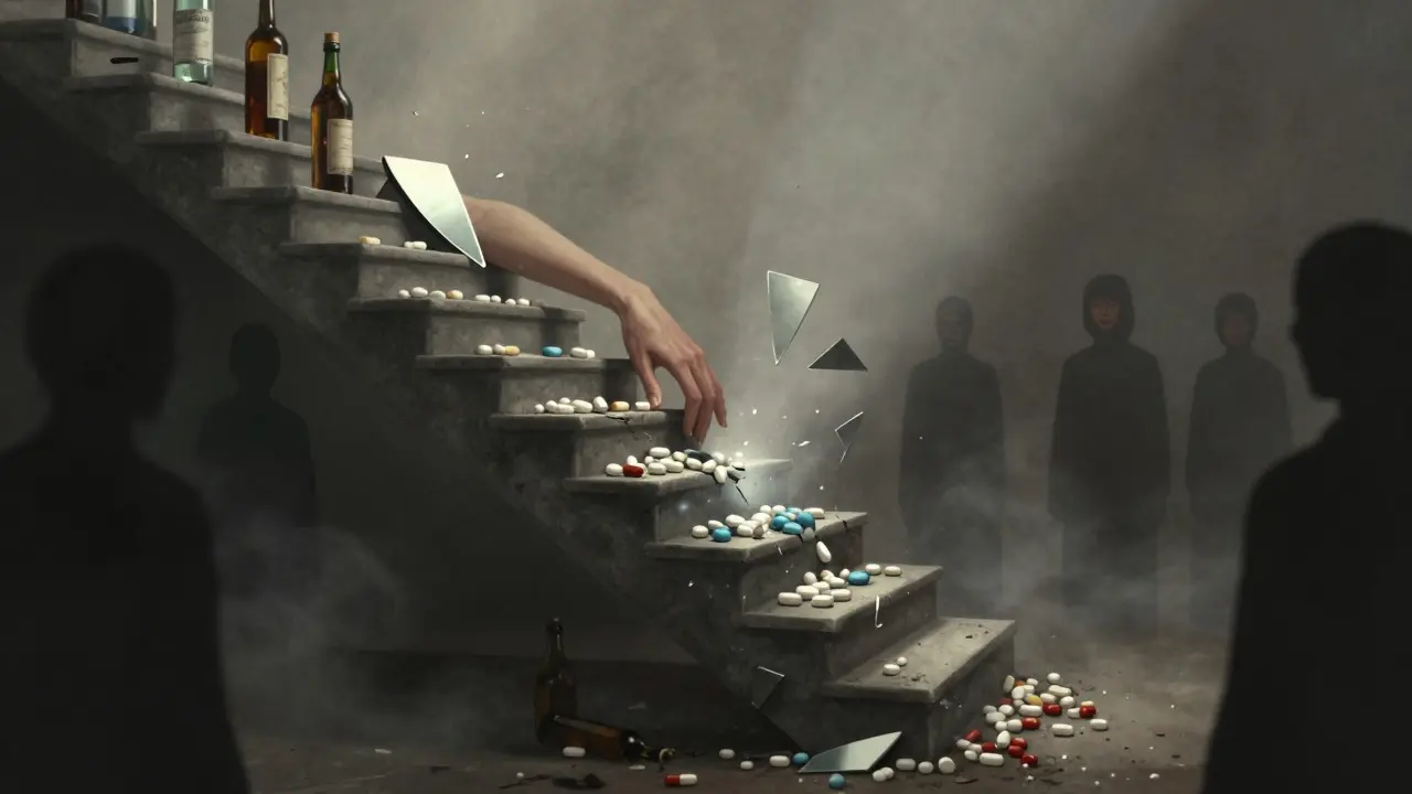 Křehká schodiště z léků a láhví, ruka se snaží dosáhnout na světlo, kolem stíny lidí.