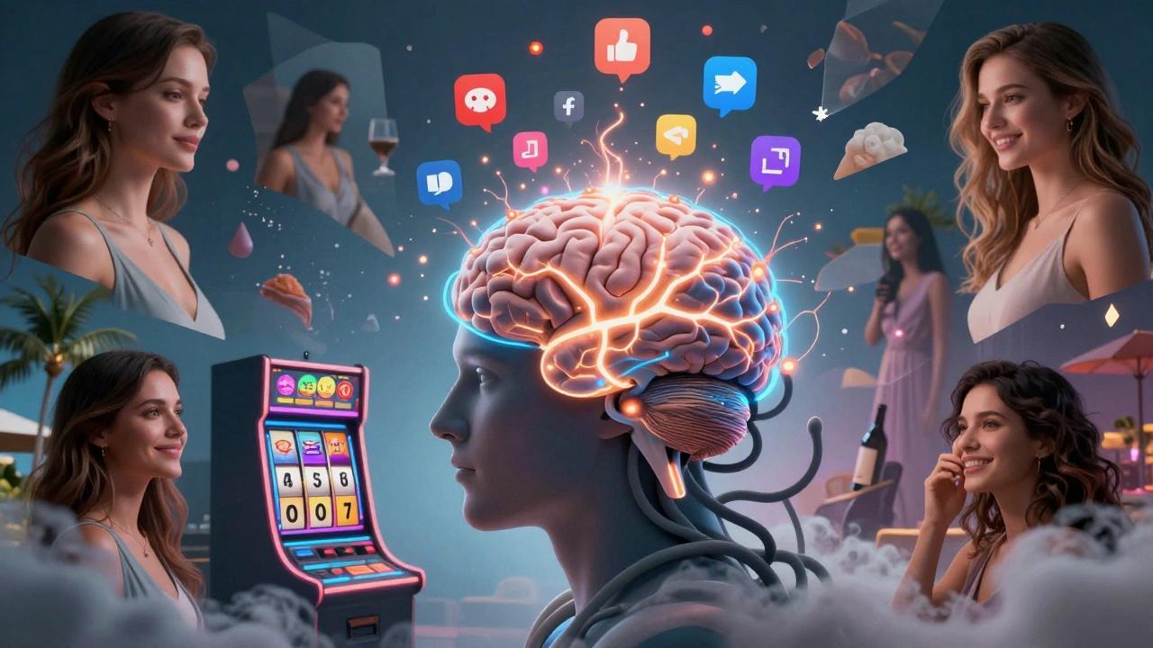 Lidský mozek s osvětlenými dopaminovými cestami a ikonami sociálních sítí, které padají jako hazardní automaty.