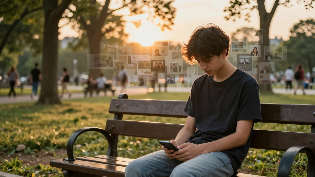 Mladá osoba na lavičce v parku, telefon položený na klíně, dívá se na skutečný kraj, bez obrazovky.