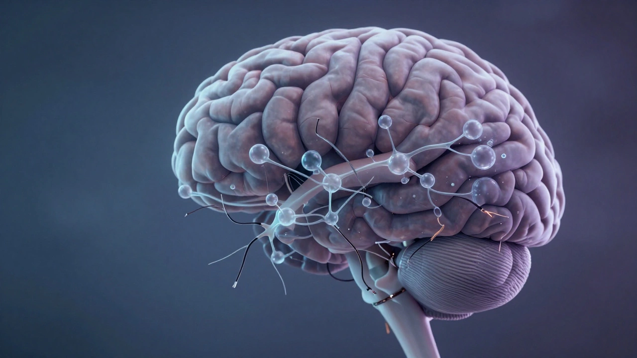 Mozek s viditelnou ztrátou mozkové kůry a rozpadajícími se nervovými spojeními.