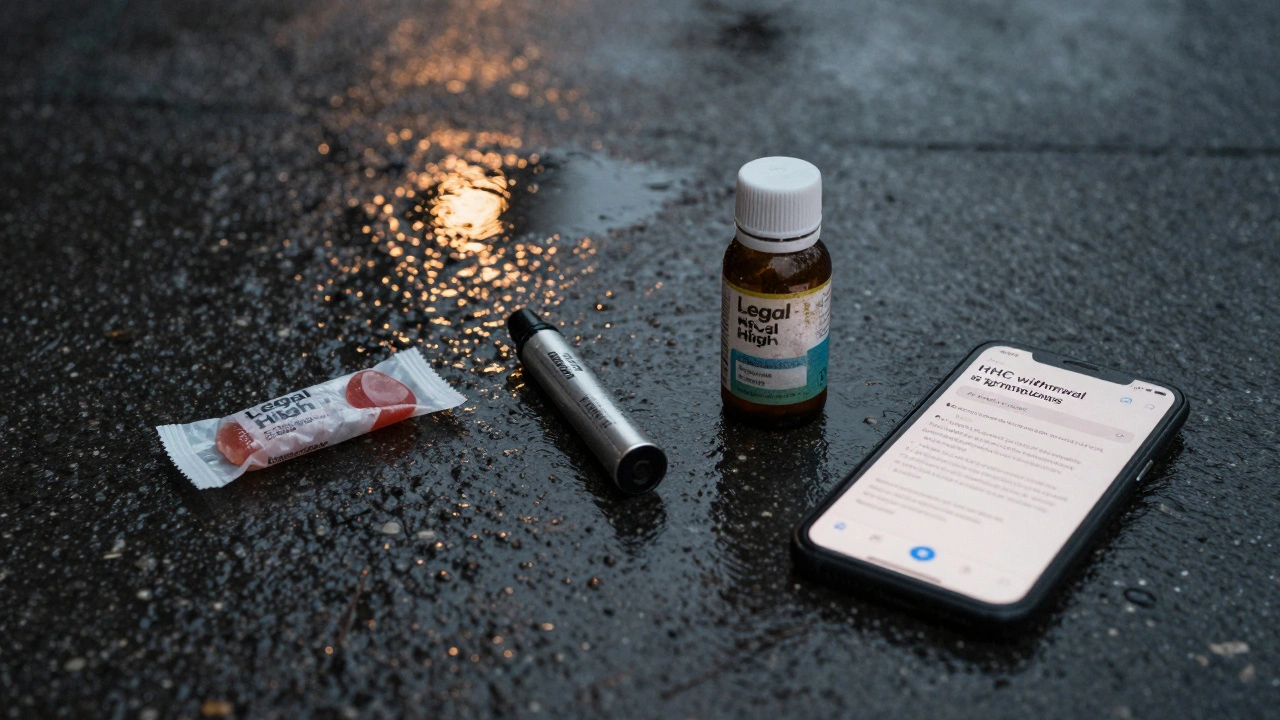 Odhozené balení HHC produktů na mokré chodníku pod městským osvětlením.