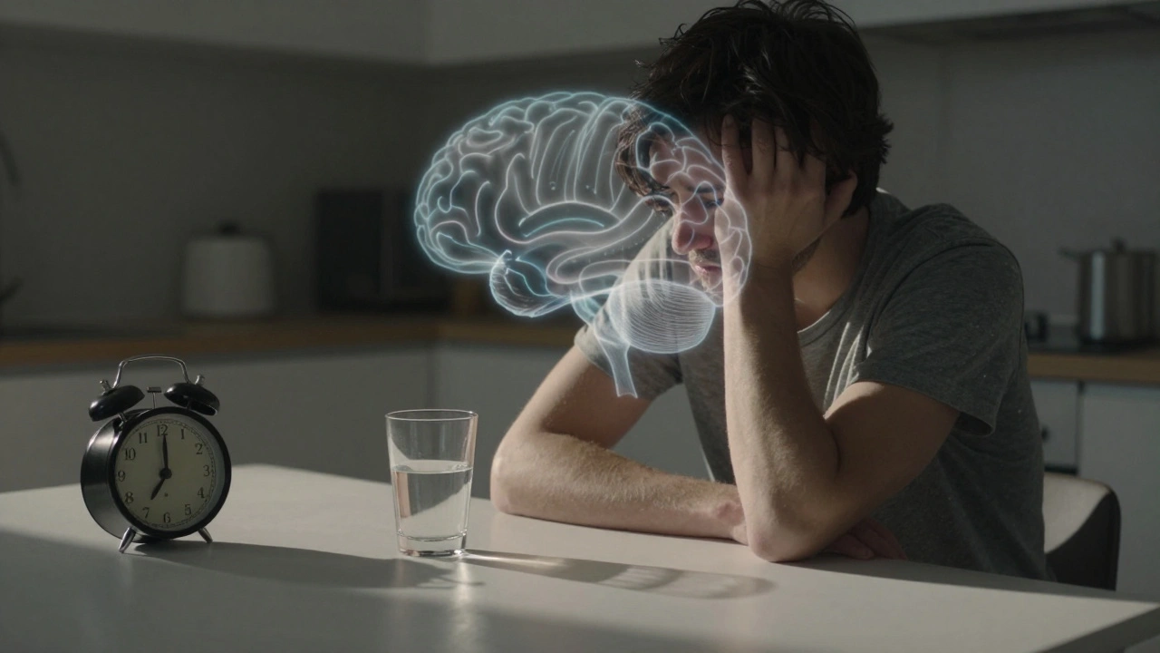 Osamělá osoba v kuchyni ráno s prázdnou sklenicí, znázorňující fyzickou závislost na alkoholu.