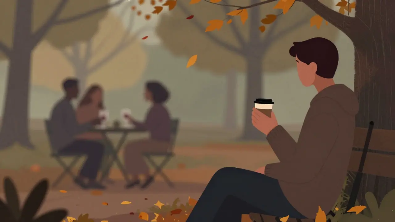 Osamělá postava v parku s kávou, kolem ní lidé s víny, symbolizující emocionální izolaci v rané abstinenční fázi.