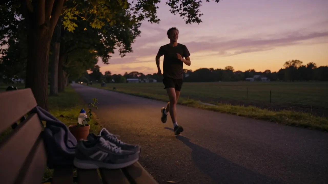 Osoba běží večer na cestě, září v ní klid a obnova po odvykání.
