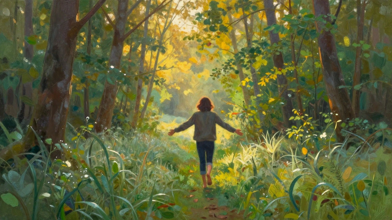 Osoba kráčí bosá lesní cestou na svítání, slunce prosvítá skrz stromy.