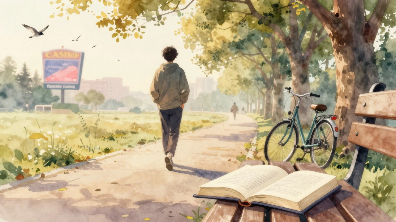 Osoba kráčí v ranním světle, kasíno za ní, kniha a kolo před ní jako symbol nového začátku.