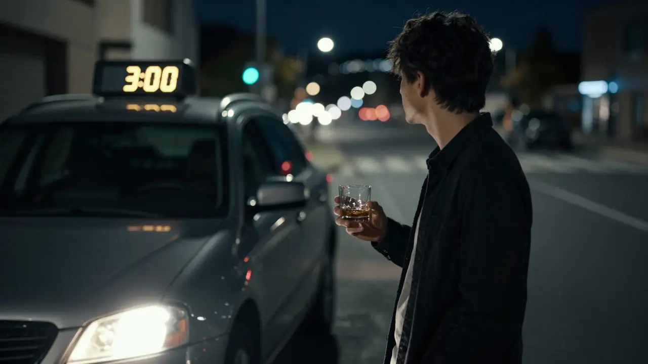 Osoba stojící u auta v 3 ráno s prázdným skleničkou a hodinami.