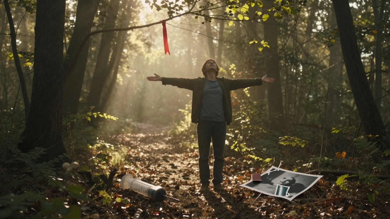 Osoba v obnově stojí v lese při východě slunce, paže natažené, za ní stopy a opuštěný injekční stříkačka.