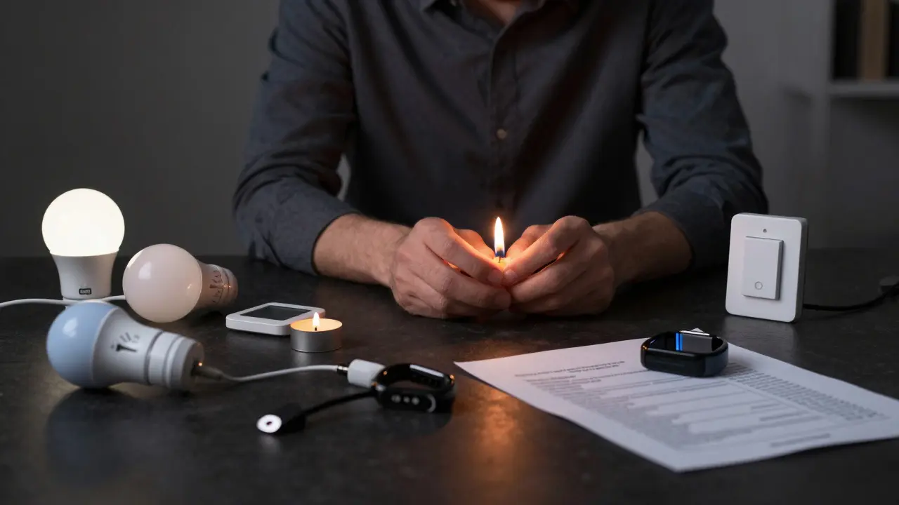 Osoba v temné místnosti, okolo ní rozložená vypnutá chytrá zařízení, jediné světlo z svíčky.
