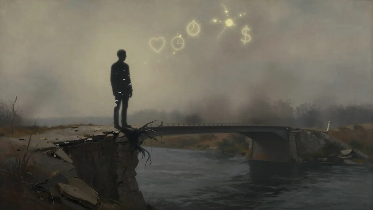 Postava na kraji zříceného mostu se rozptýlí do kouře, zatímco nad ní jemně zhasínají symboly života.