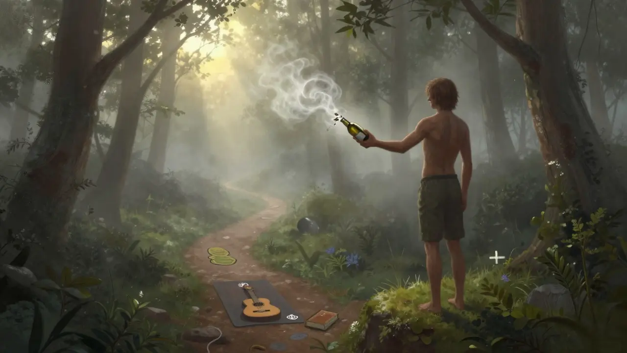 Postava stojí na kraji mlhavého lesa, kde se láhev mění v mlhu, zatímco světlo proniká skrz stromy.
