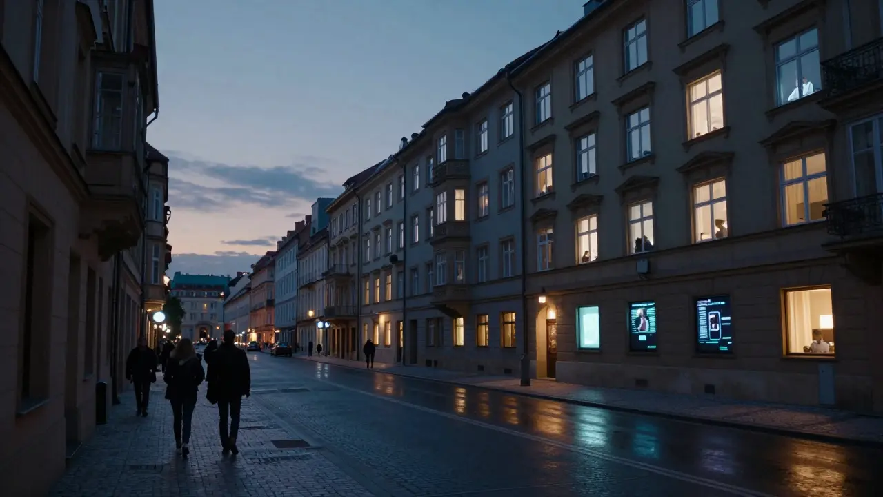Pražská ulice večer, okna domů svítí digitalizovanými obrazovkami, zatímco ulice je prázdná — symbolizuje přechod života online.