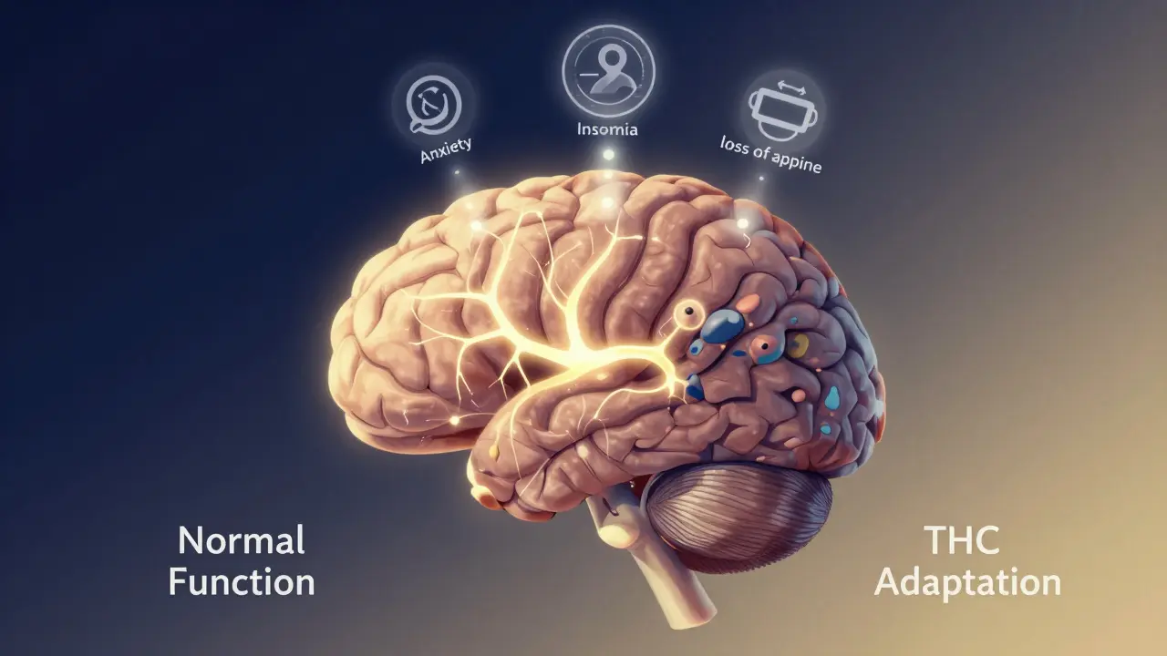 Přehled lidského mozku s porovnáním normální a THC-přizpůsobené aktivity.
