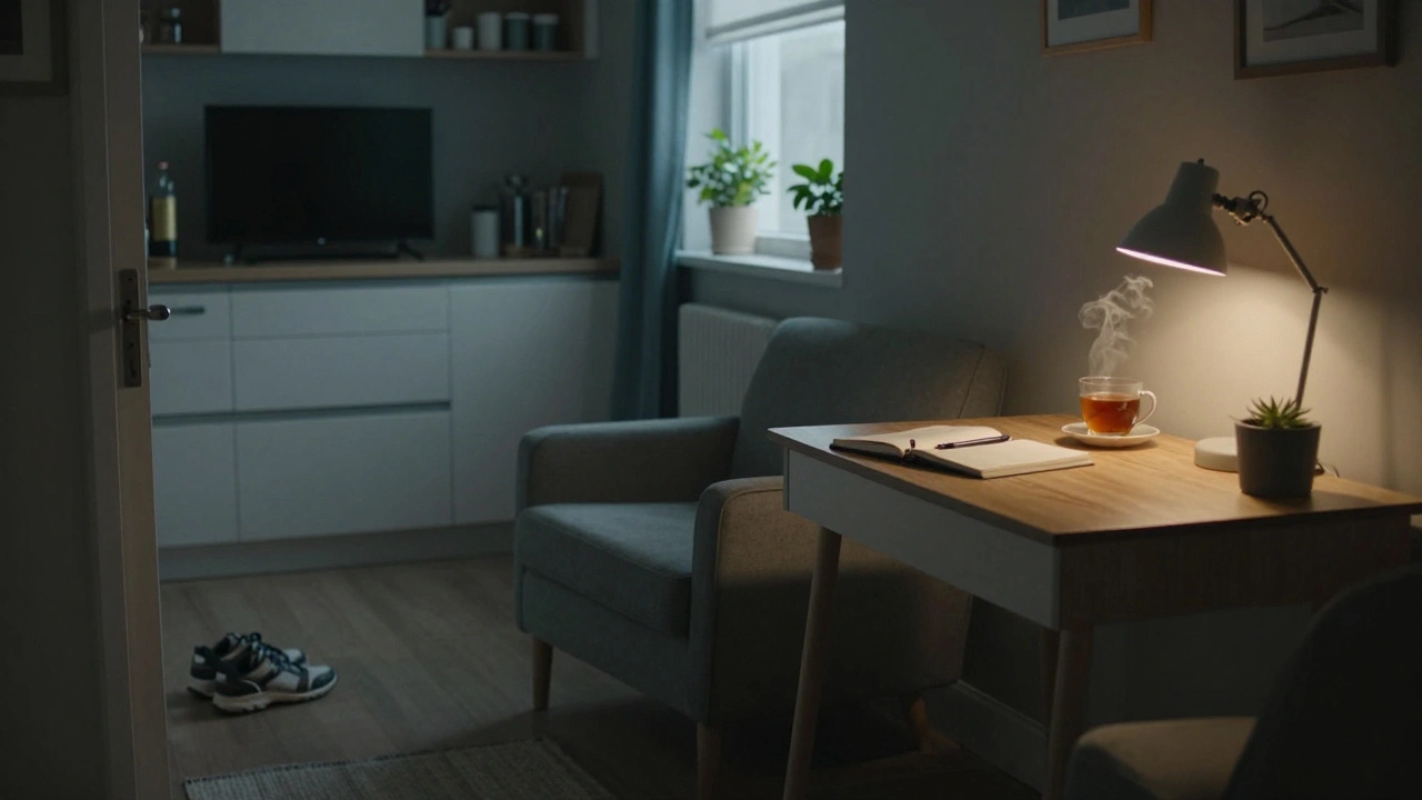 Přepracovaný obývací pokoj s novým křeslem, poznámkami a teplou čajovou šálkem, symbolizující nové návyky bez alkoholu.