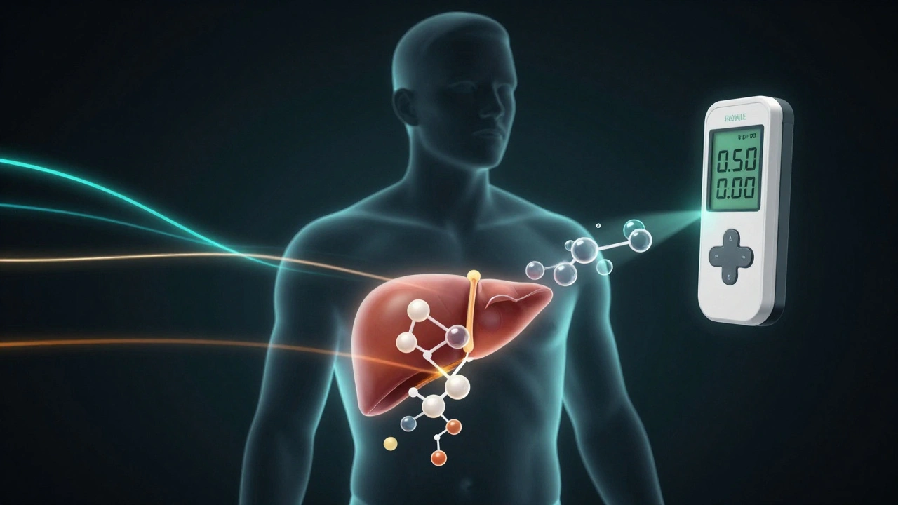 Průhledný lidský silueta s rozptylujícími se molekulami alkoholu a digitálním displejem ukazujícím pokles promile.