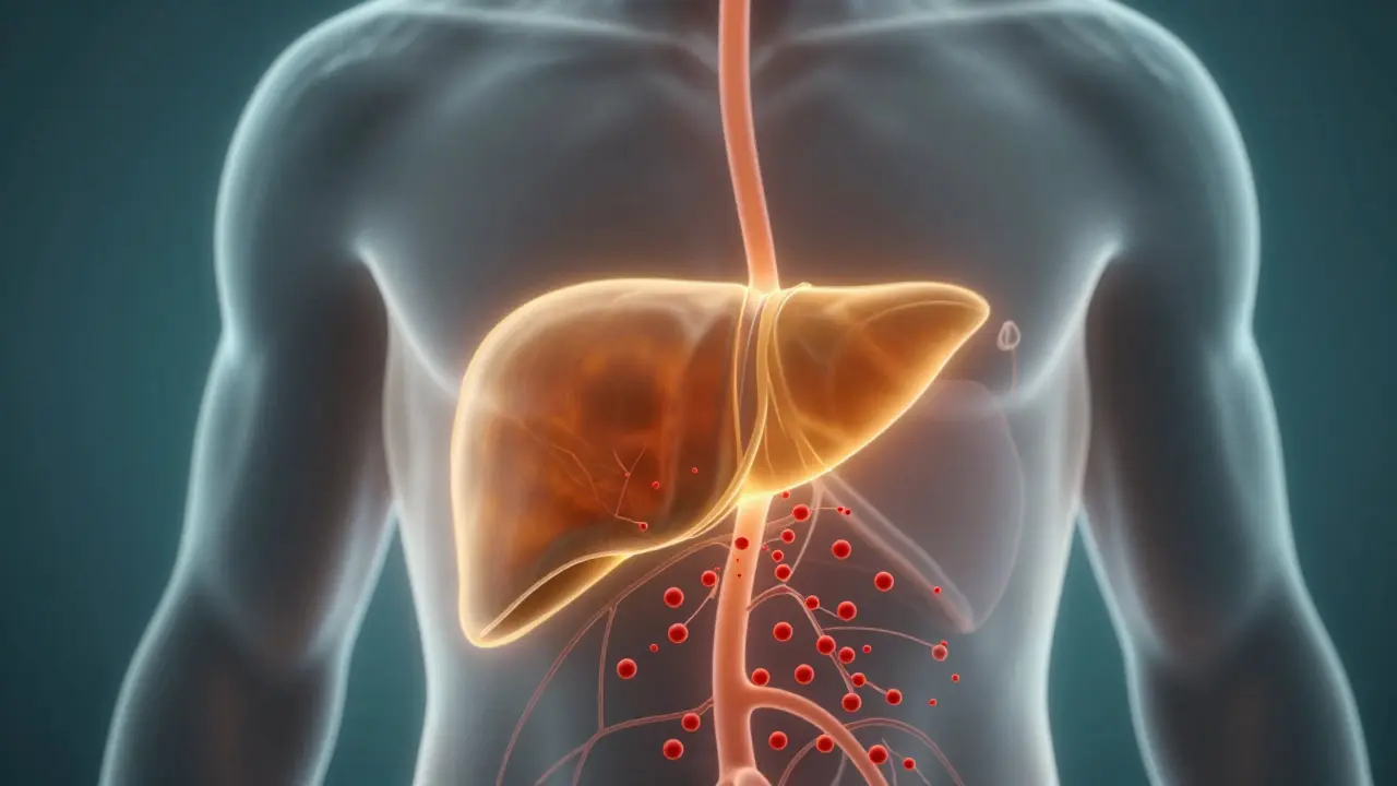 Průřez tělem s játrou zpracovávající alkohol po vnitřních cestách.