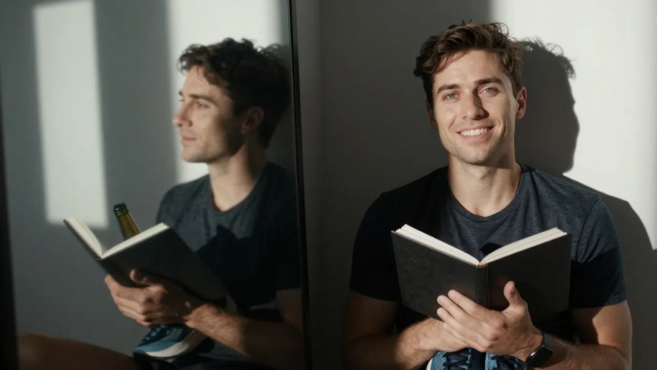 Rozdělené zrcadlo: jedna strana ukazuje opilého člověka, druhá čistého, držícího sešit a běžecké kře.