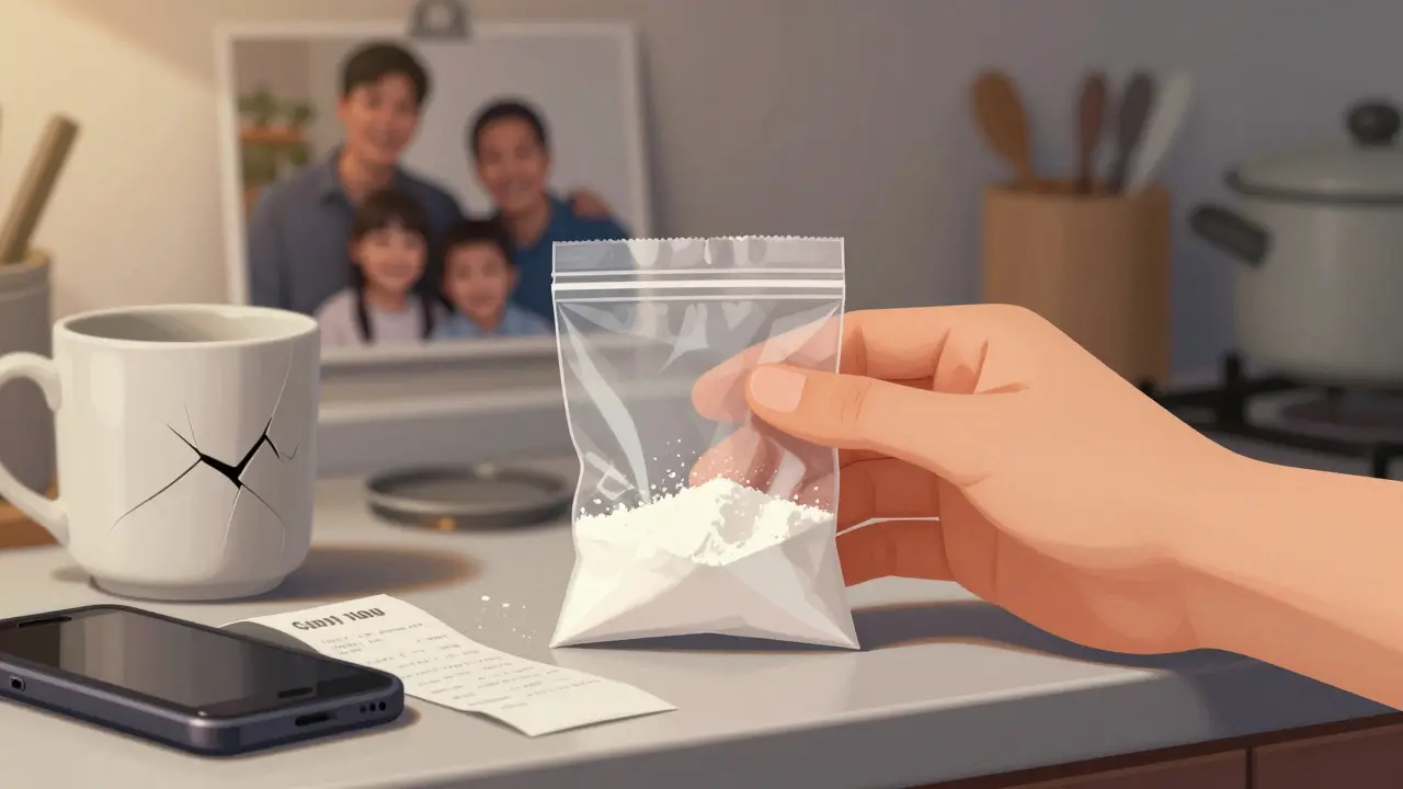 Ruka drží malý plastový sáček na kuchyňském stole vedle zapomenutého telefonu a fotozáznamu z minulosti.