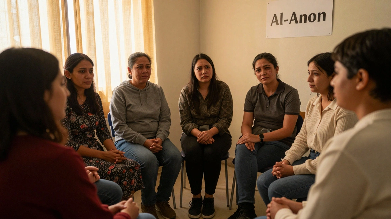 Skupina lidí se drží za ruce ve společenském prostoru s vývěskou Al-Anon.