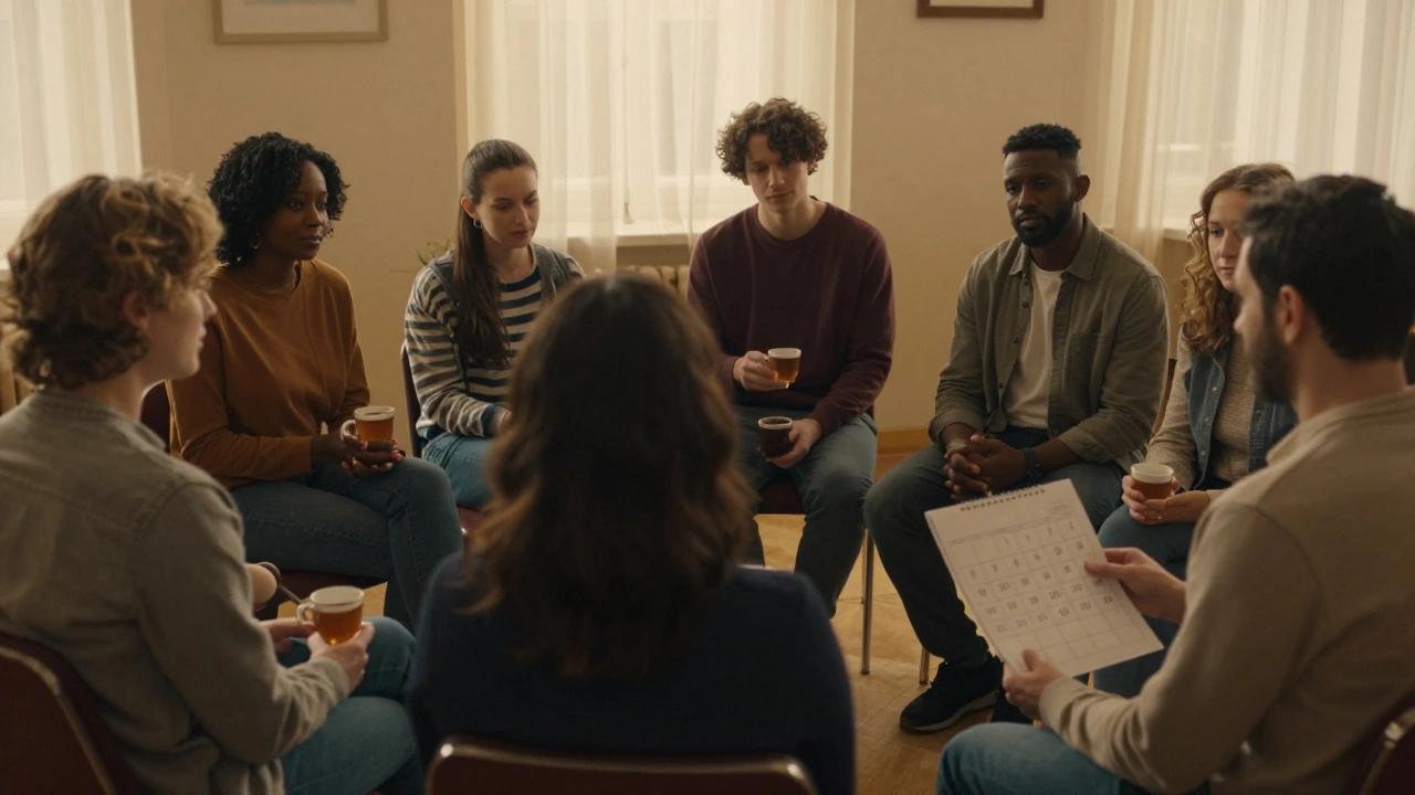 Skupina lidí se schází v teplé místnosti, sdílí příběhy a podporují se navzájem v klidném prostředí.