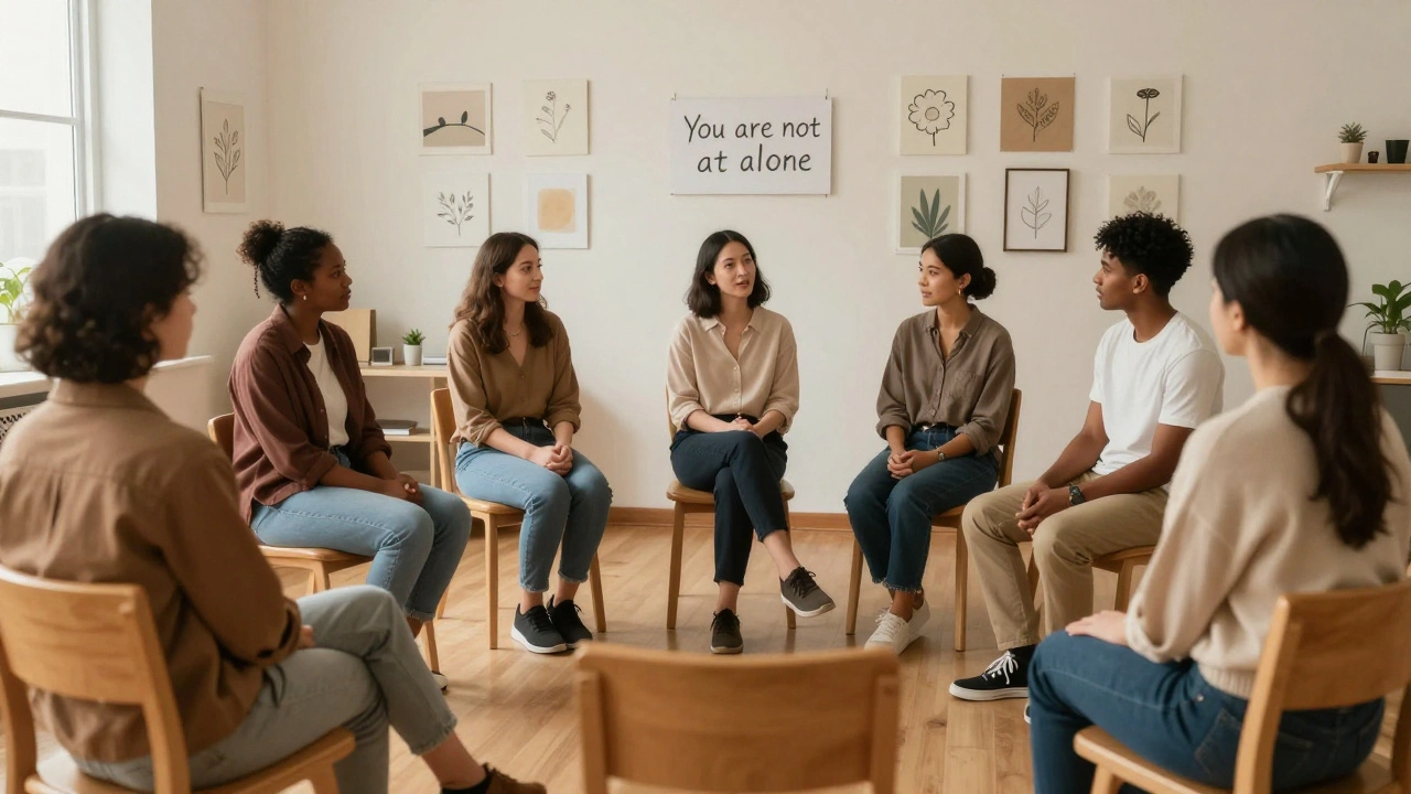 Skupina lidí se sešla v kruhu v terapeutické místnosti, jedna mluví, ostatní poslouchají.