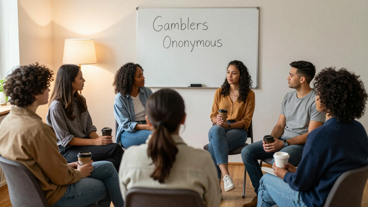 Skupina lidí se setkává v kruhu na podpoře pro závislé, tiše se navzájem poslouchají.