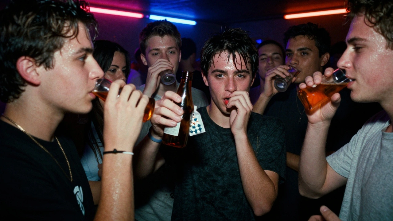 Skupina teenagerek na večírku v sklepě, předávají si láhev a pytlík, jeden z nich se zdráhá.