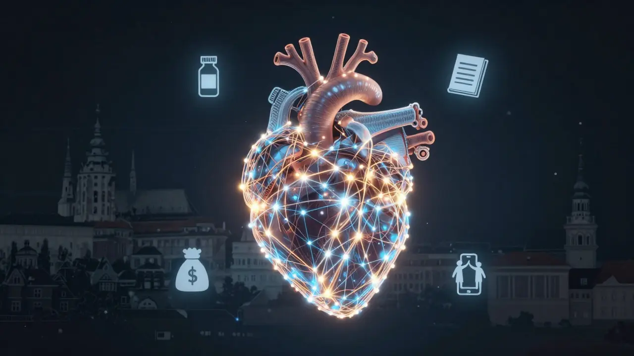 Srdce složené z digitálních prvků, spojující léky, peníze, školu a rodinu — metafora pro základní podporu internetu v každodenním životě.